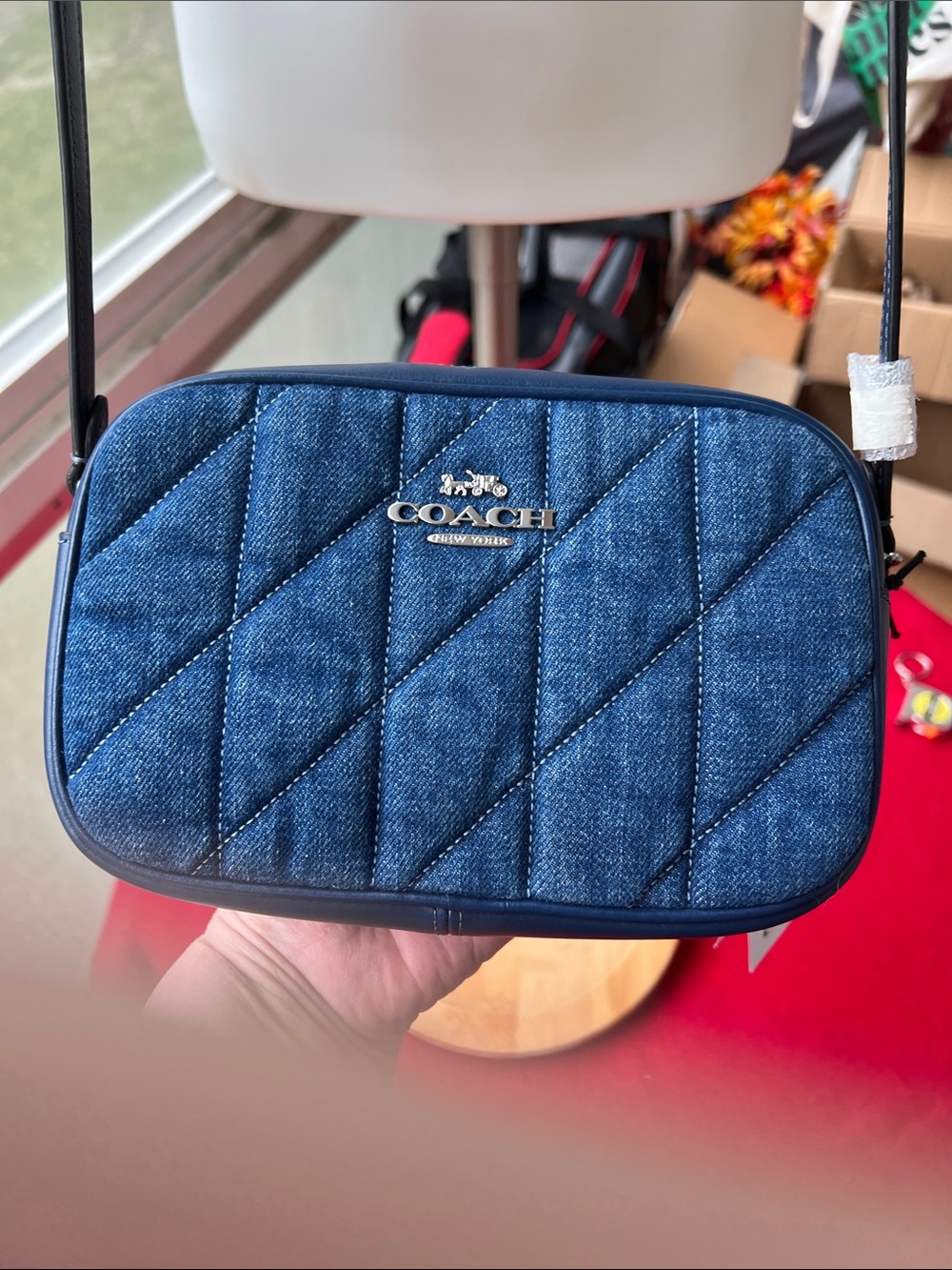 COACH Quilted Denim and Leather Crossbody Bag in Blue with Silver Logo NWT